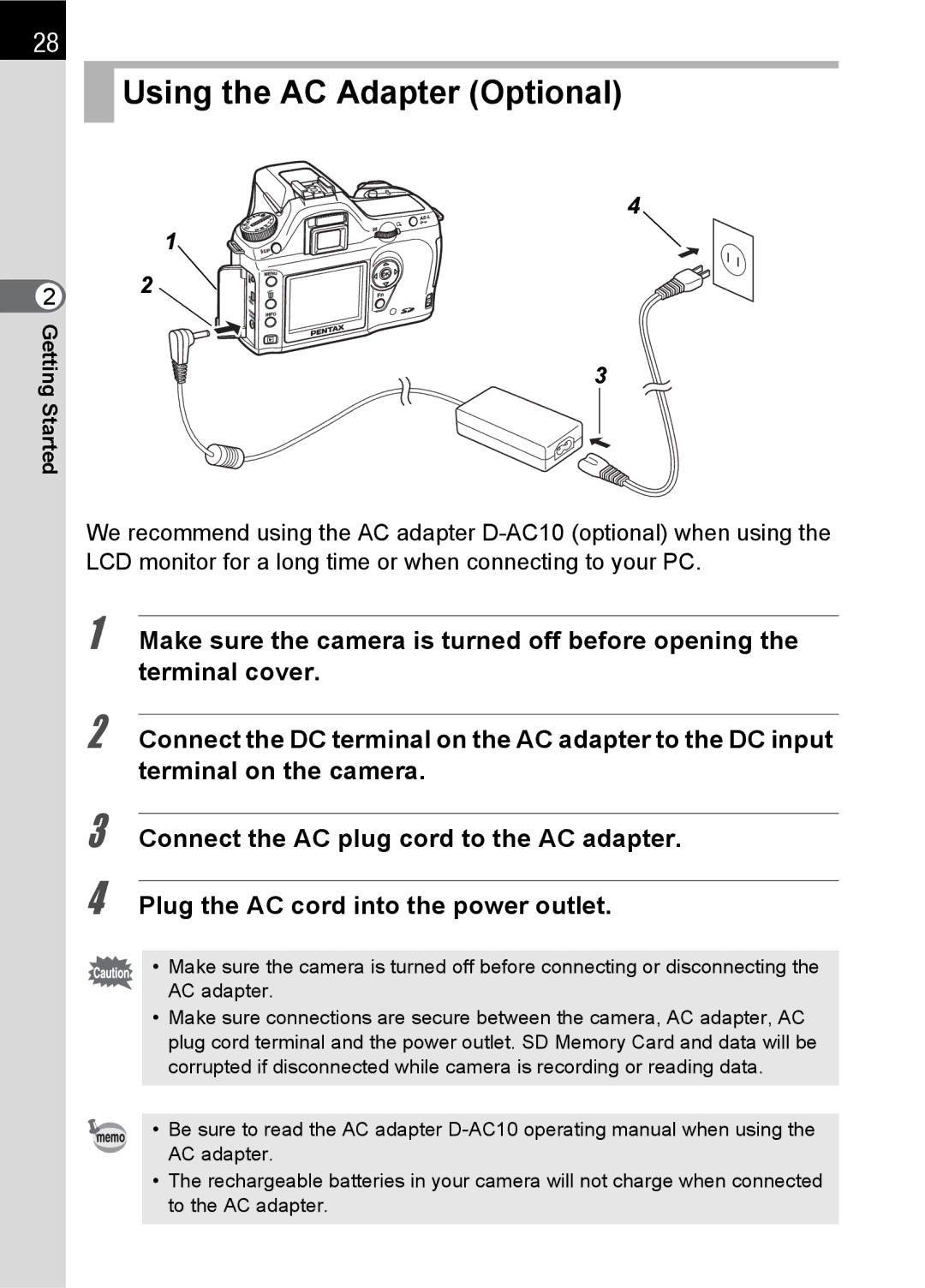 Pentax L specifications Using the AC Adapter Optional 