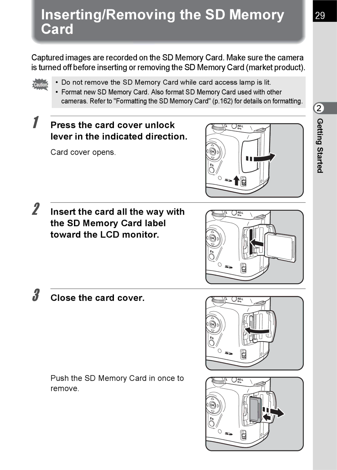 Pentax L specifications Inserting/Removing the SD Memory Card, Card cover opens, Push the SD Memory Card in once to remove 