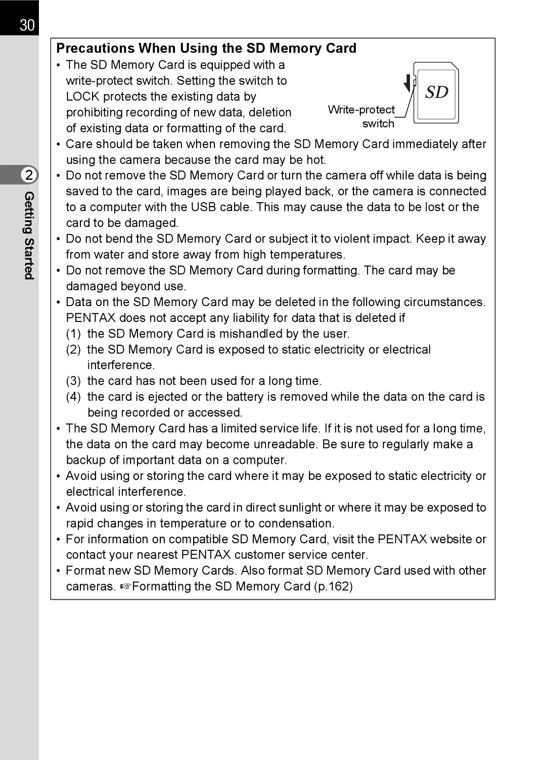 Pentax L specifications Precautions When Using the SD Memory Card 