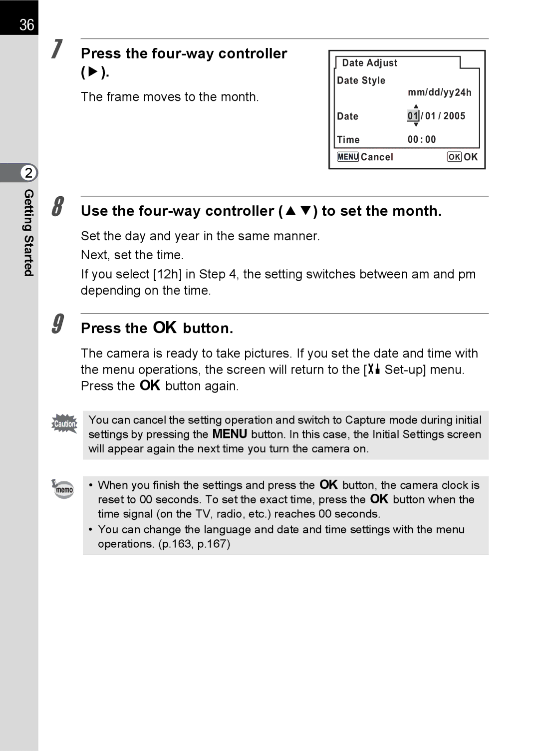 Pentax L specifications Use the four-way controller 23 to set the month, Frame moves to the month 