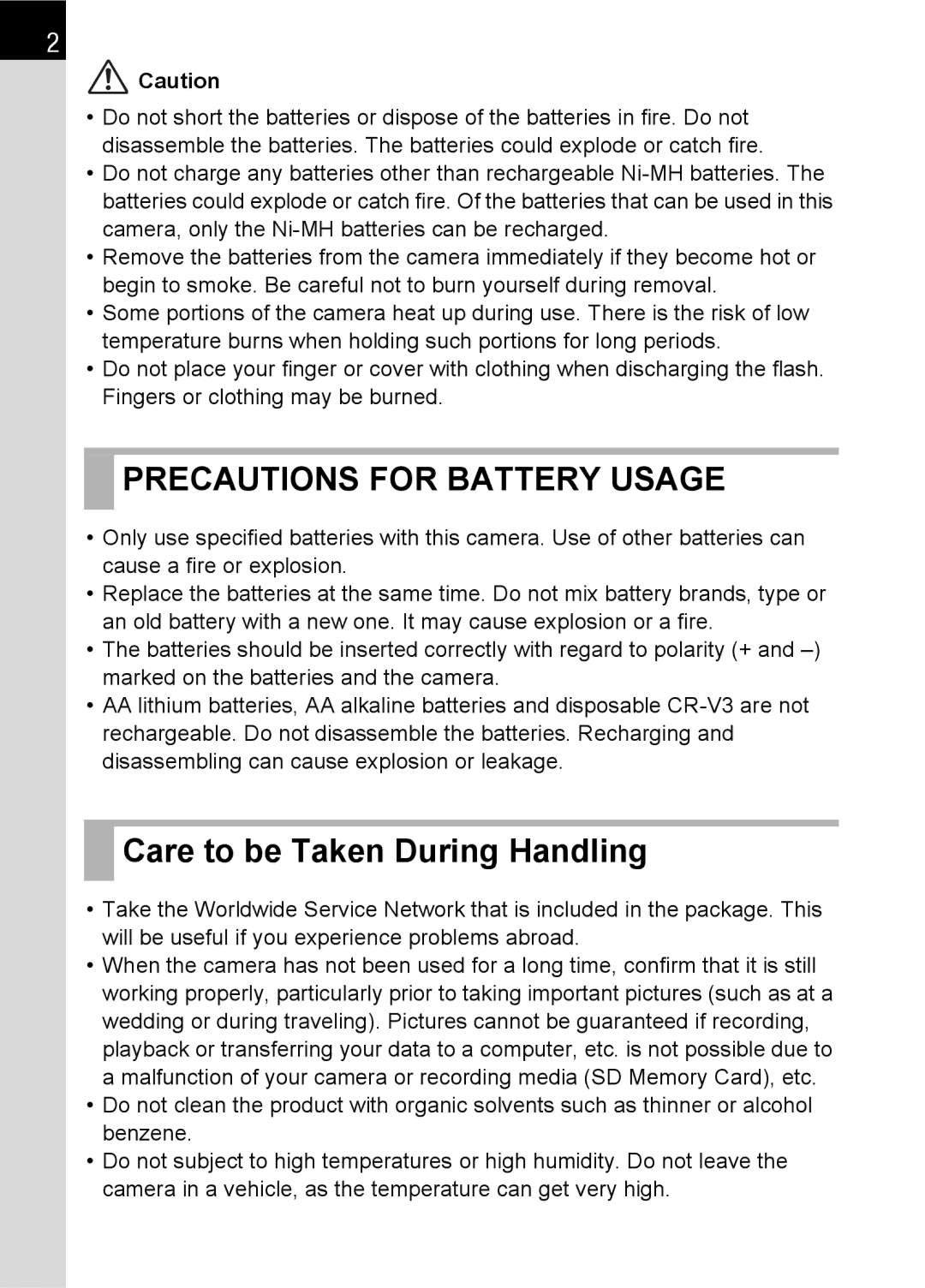 Pentax L specifications Precautions for Battery Usage, Care to be Taken During Handling 