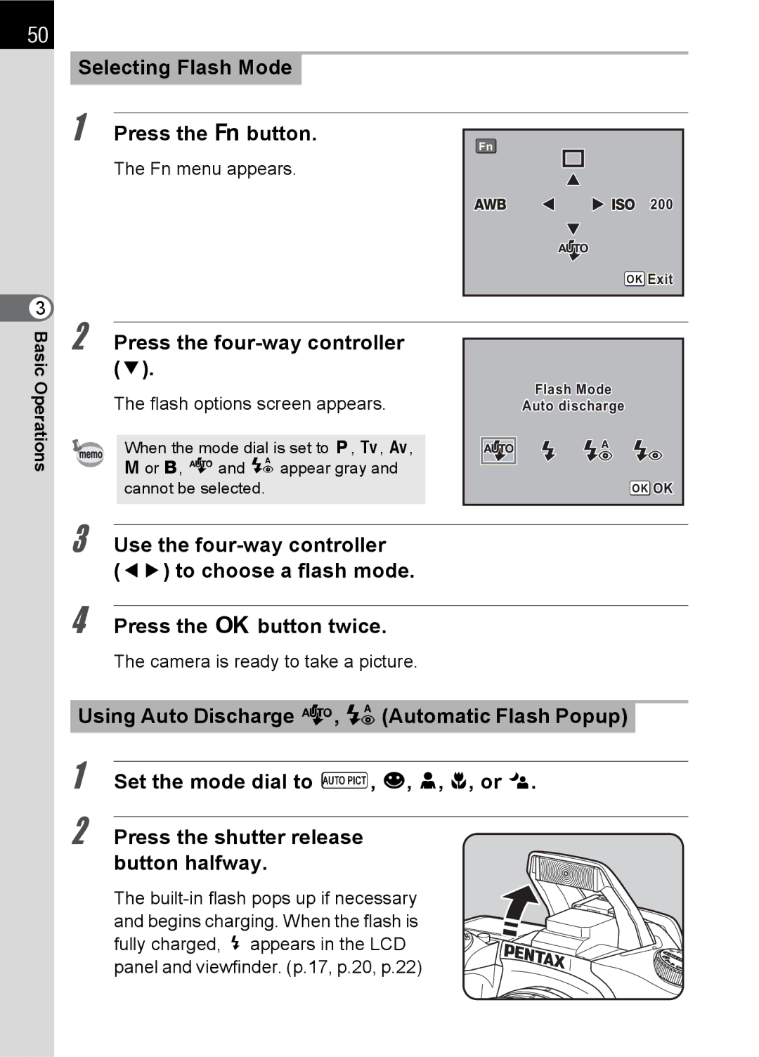 Pentax L specifications Selecting Flash Mode Press the button, Fn menu appears, Flash options screen appears 