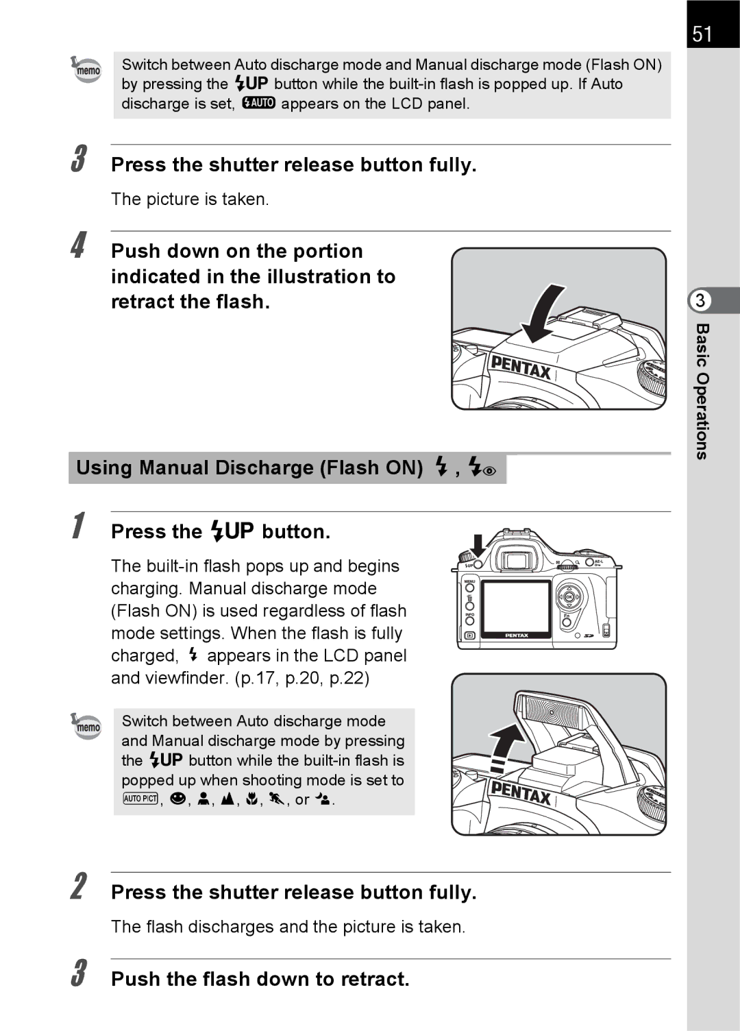 Pentax L specifications Push the flash down to retract, Flash discharges and the picture is taken 