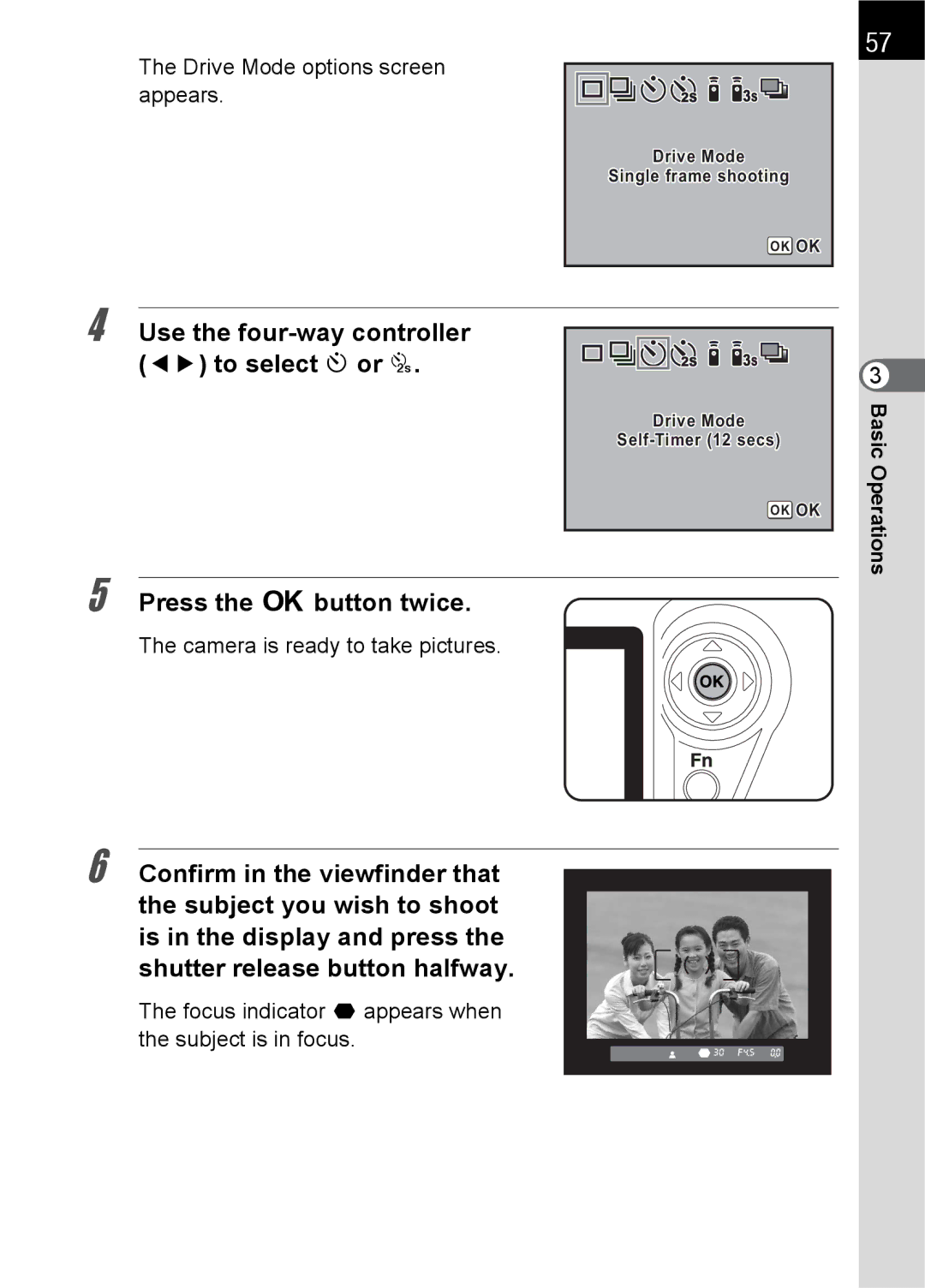 Pentax L Use the four-way controller 45 to select g or r, Focus indicator appears when the subject is in focus 