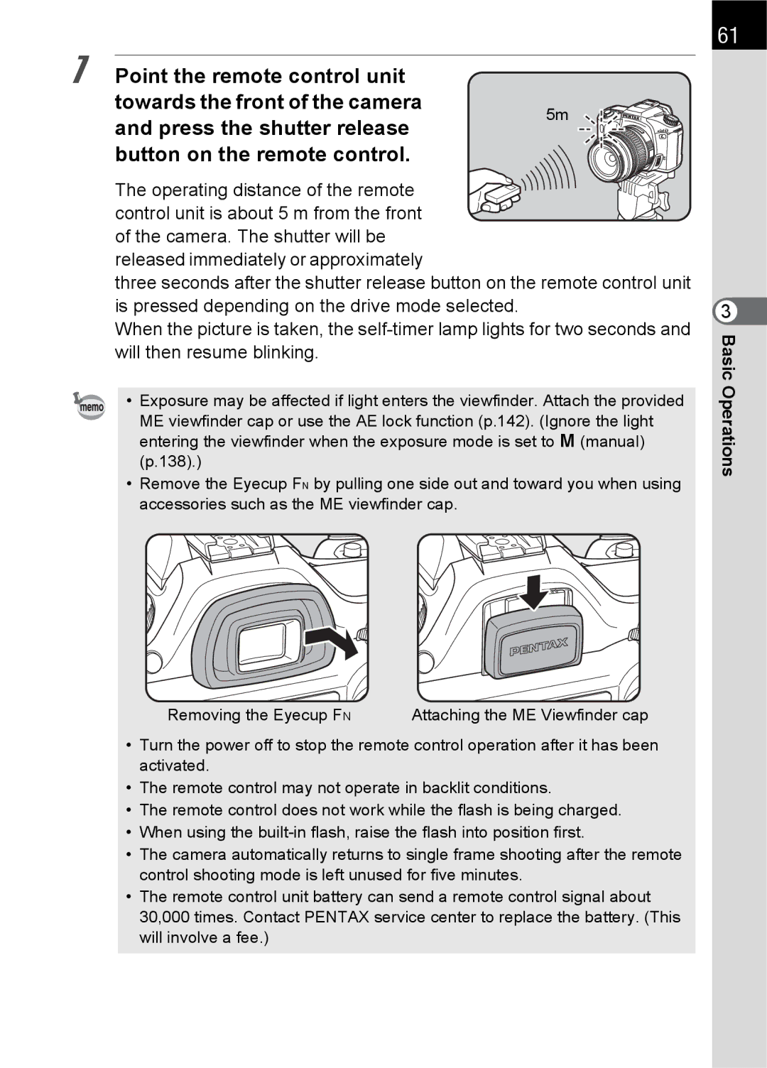 Pentax L specifications Operating distance of the remote 