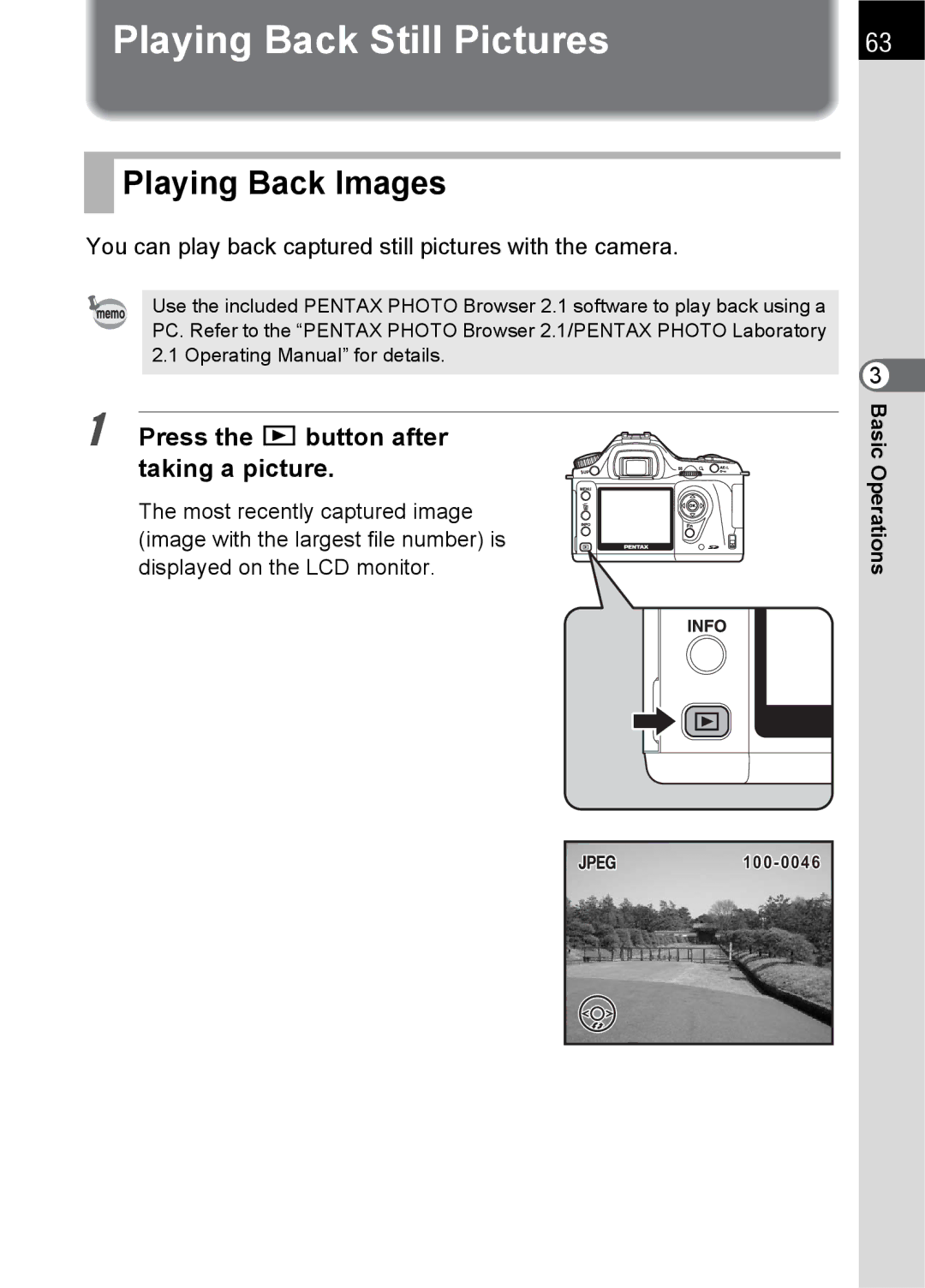 Pentax L specifications Playing Back Still Pictures, Playing Back Images, Press the Q button after taking a picture 