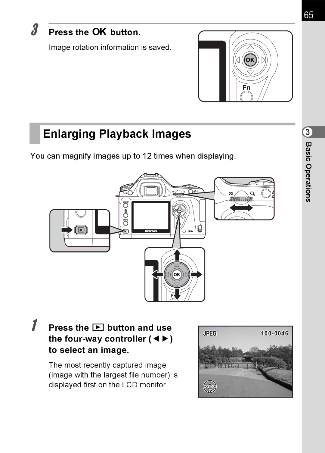 Pentax L specifications Enlarging Playback Images, Press the Q button and use, Four-way controller To select an image 