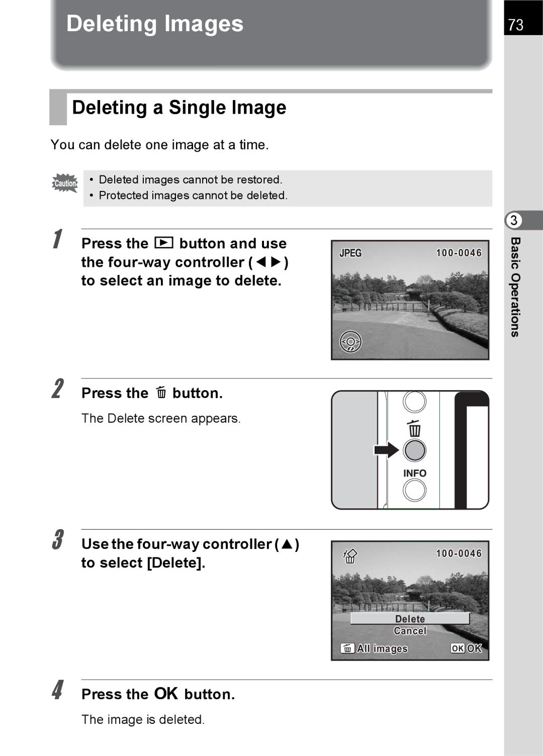 Pentax L specifications Deleting Images, Deleting a Single Image, Use the four-way controller 2 to select Delete 