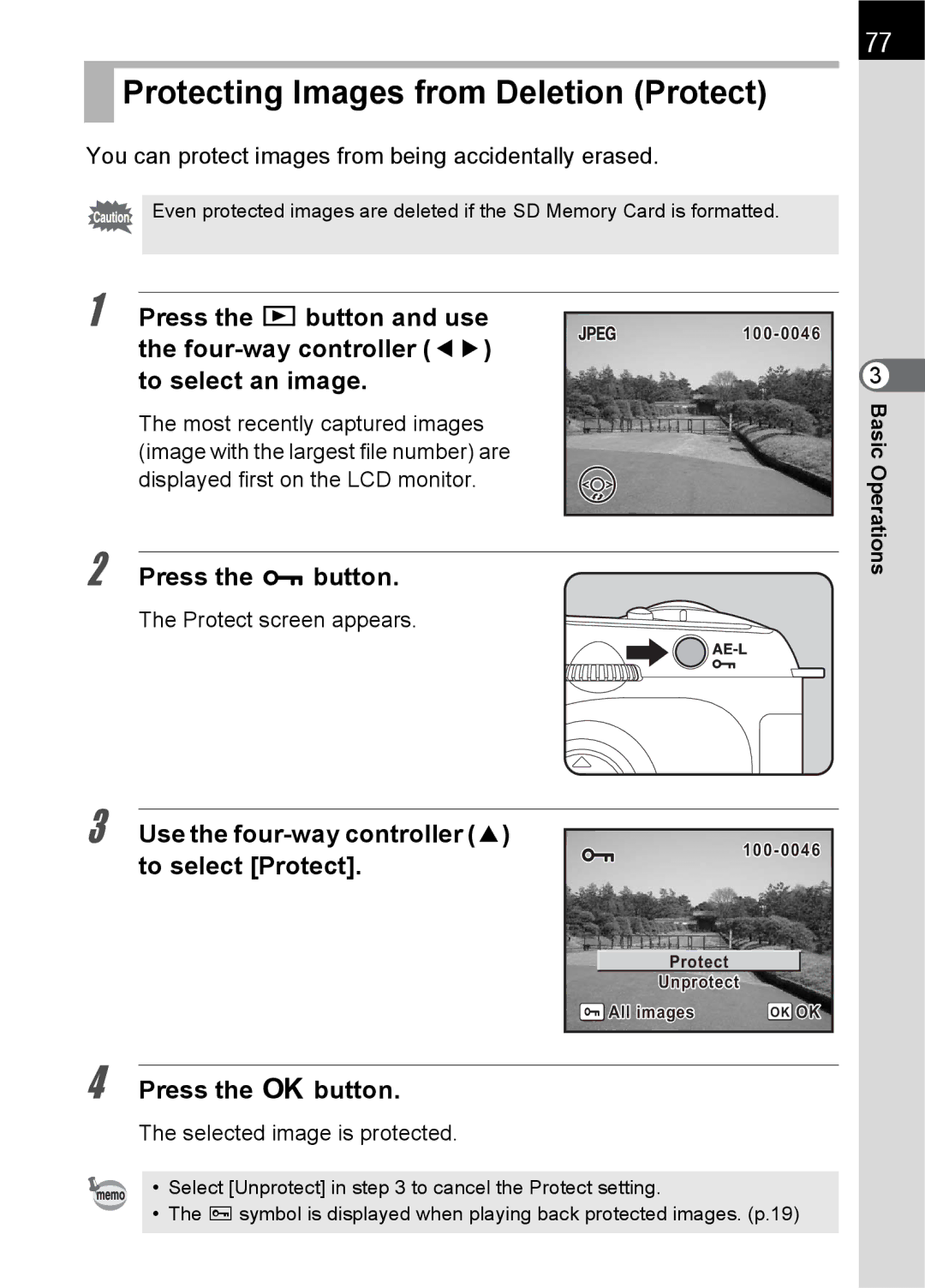 Pentax L Protecting Images from Deletion Protect, Press the Z button, Use the four-way controller 2 to select Protect 