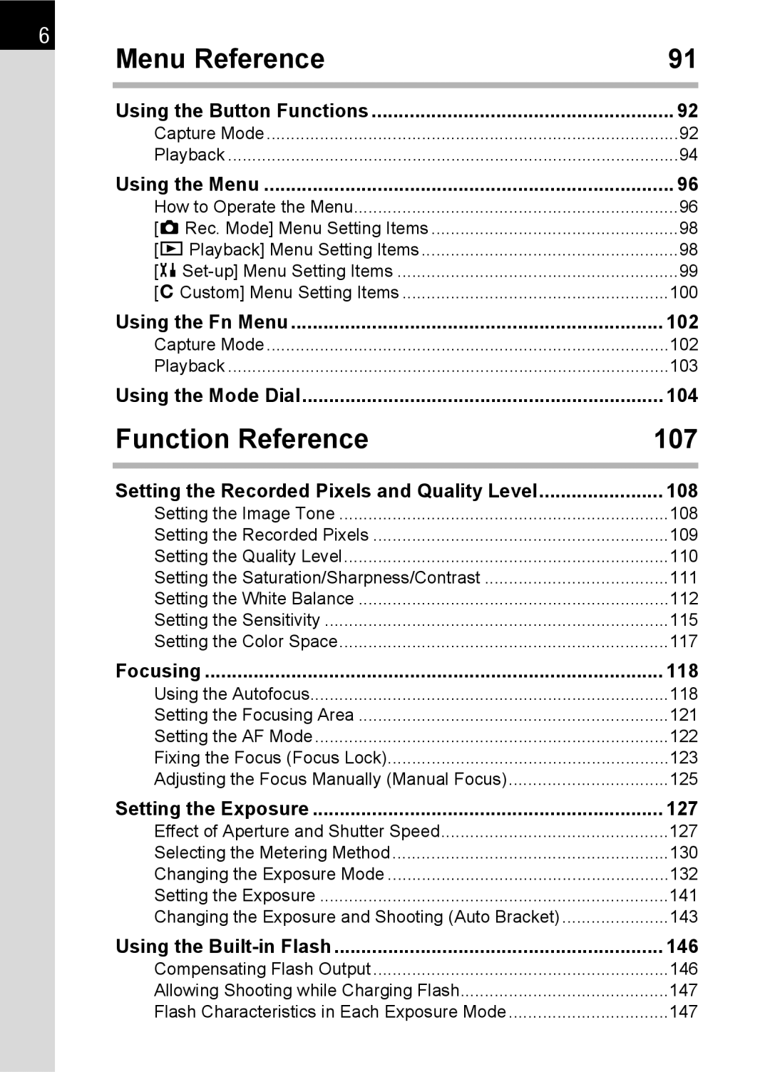 Pentax L specifications Menu Reference, Function Reference 