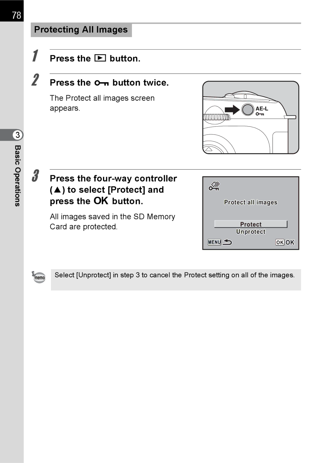 Pentax L specifications Protect all images screen appears, All images saved in the SD Memory Card are protected 