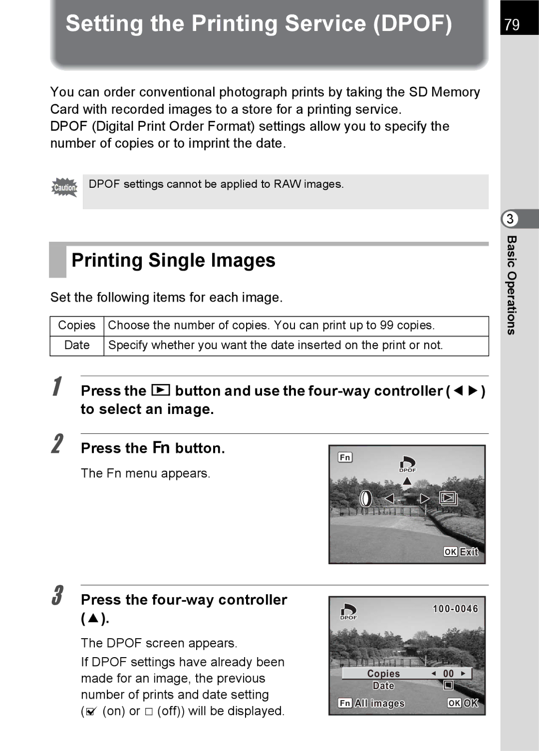 Pentax L specifications Setting the Printing Service Dpof, Printing Single Images, Set the following items for each image 