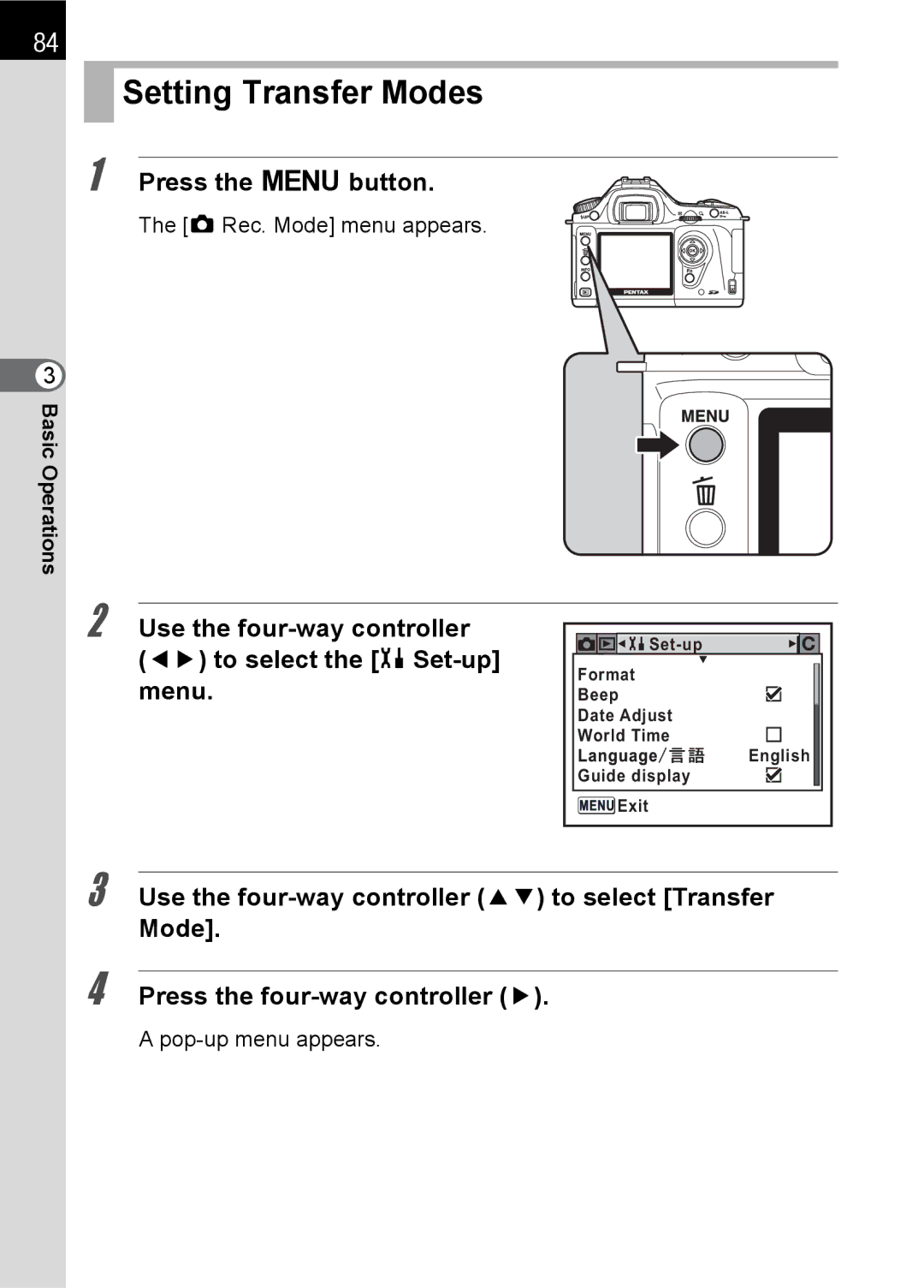 Pentax L specifications Setting Transfer Modes, Press the 3button, Use the four-way controller To select the HSet-up menu 