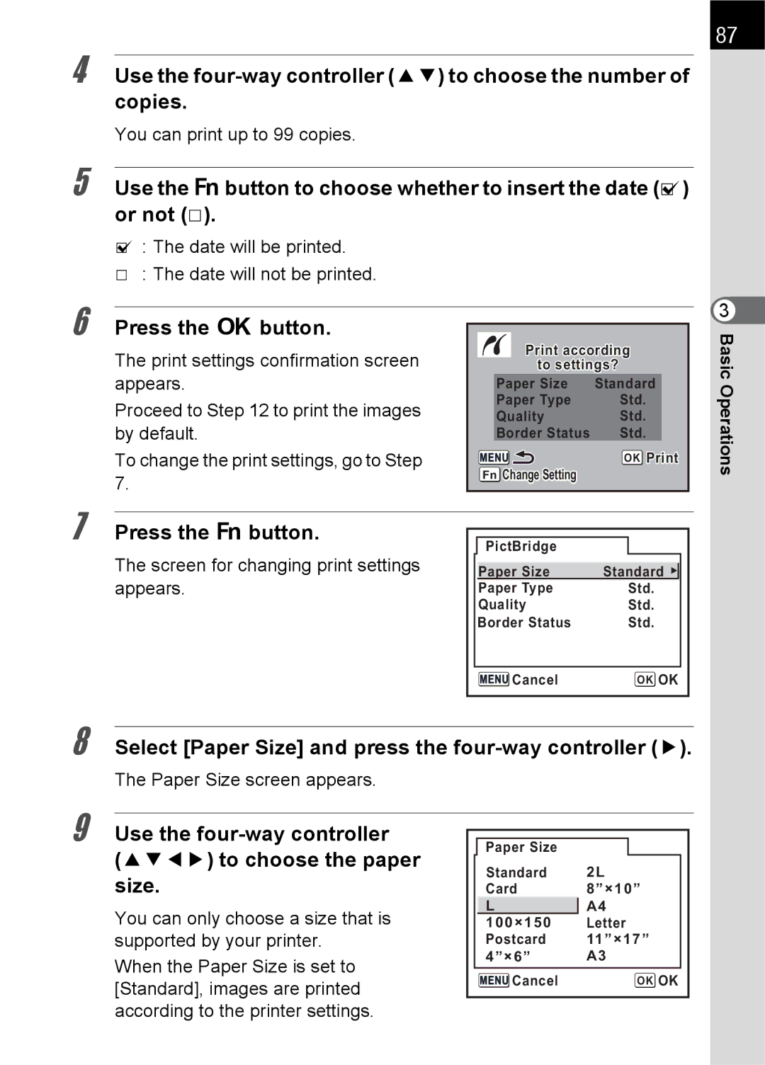 Pentax L Select Paper Size and press the four-way controller, You can print up to 99 copies, Paper Size screen appears 