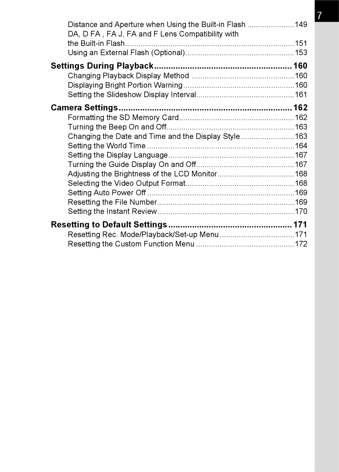 Pentax L specifications 160, 162, 171 