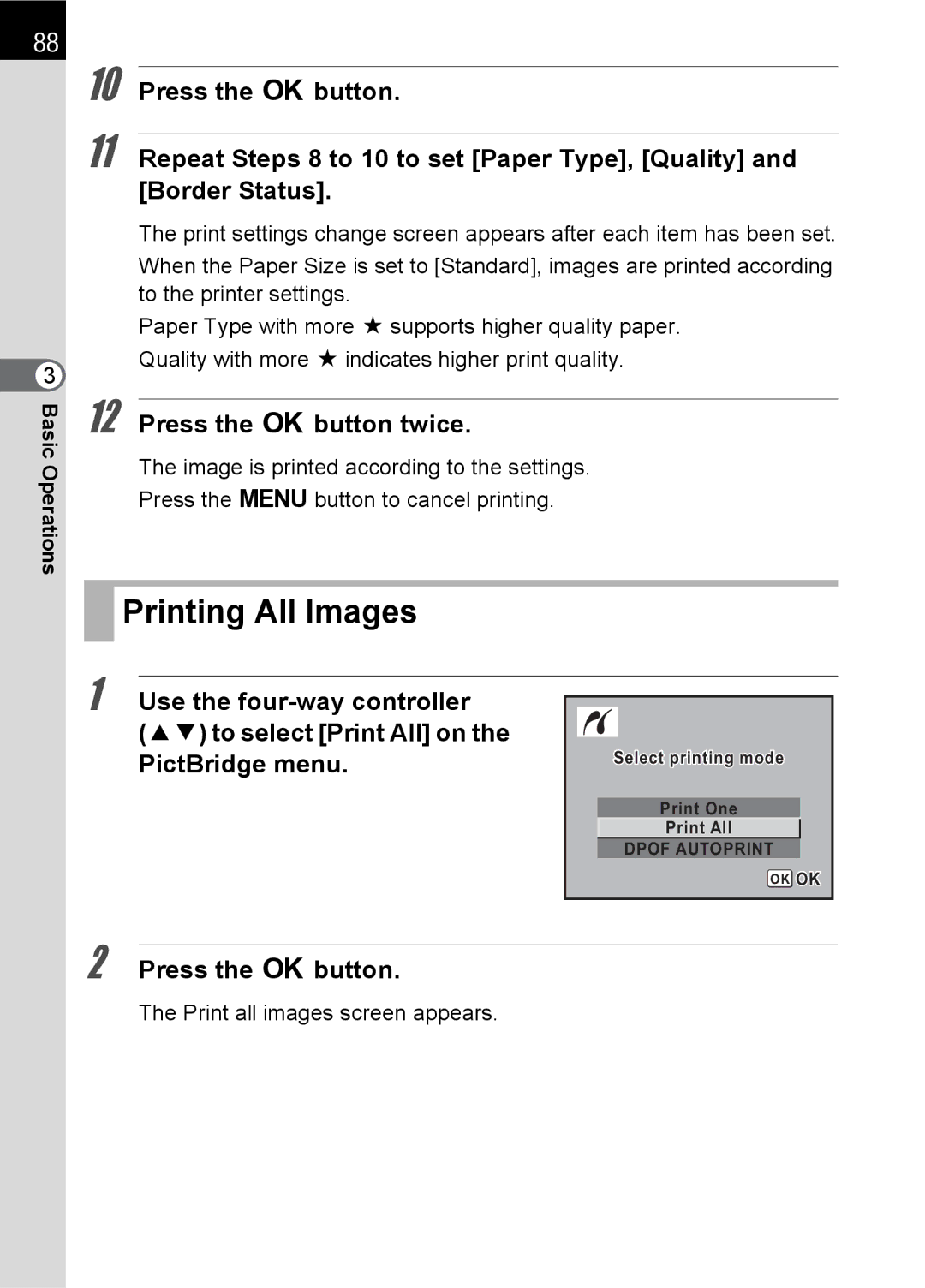 Pentax L specifications Printing All Images, Print all images screen appears 