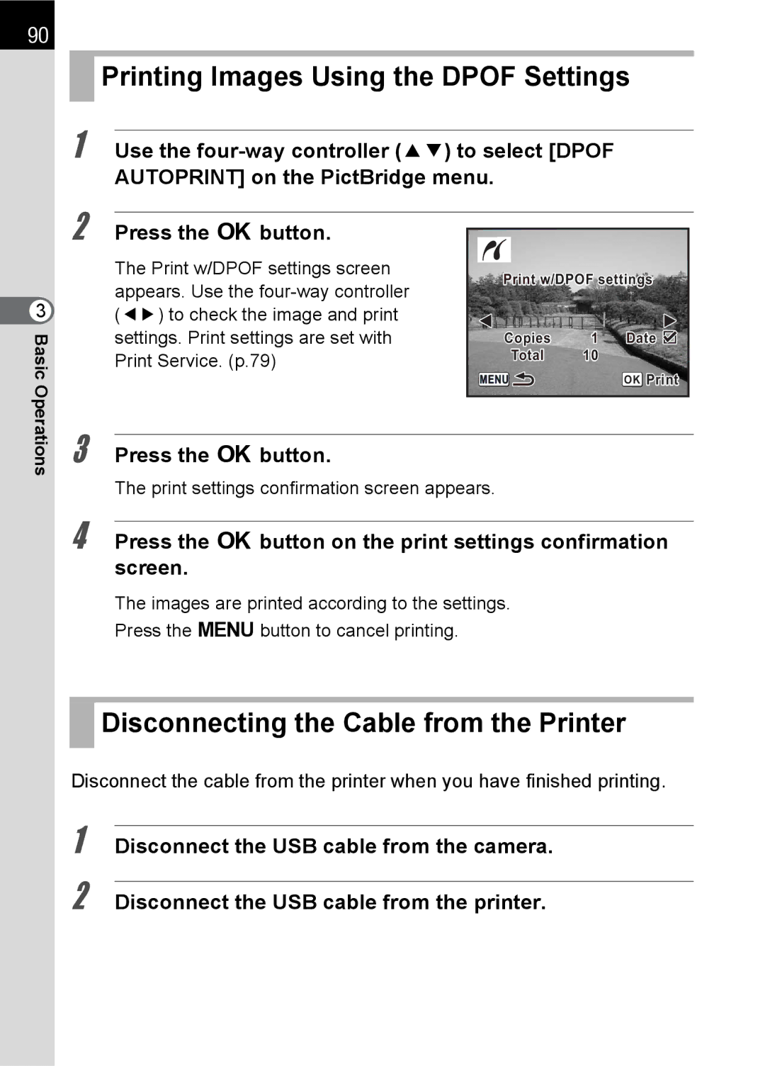 Pentax L specifications Printing Images Using the Dpof Settings, Disconnecting the Cable from the Printer 