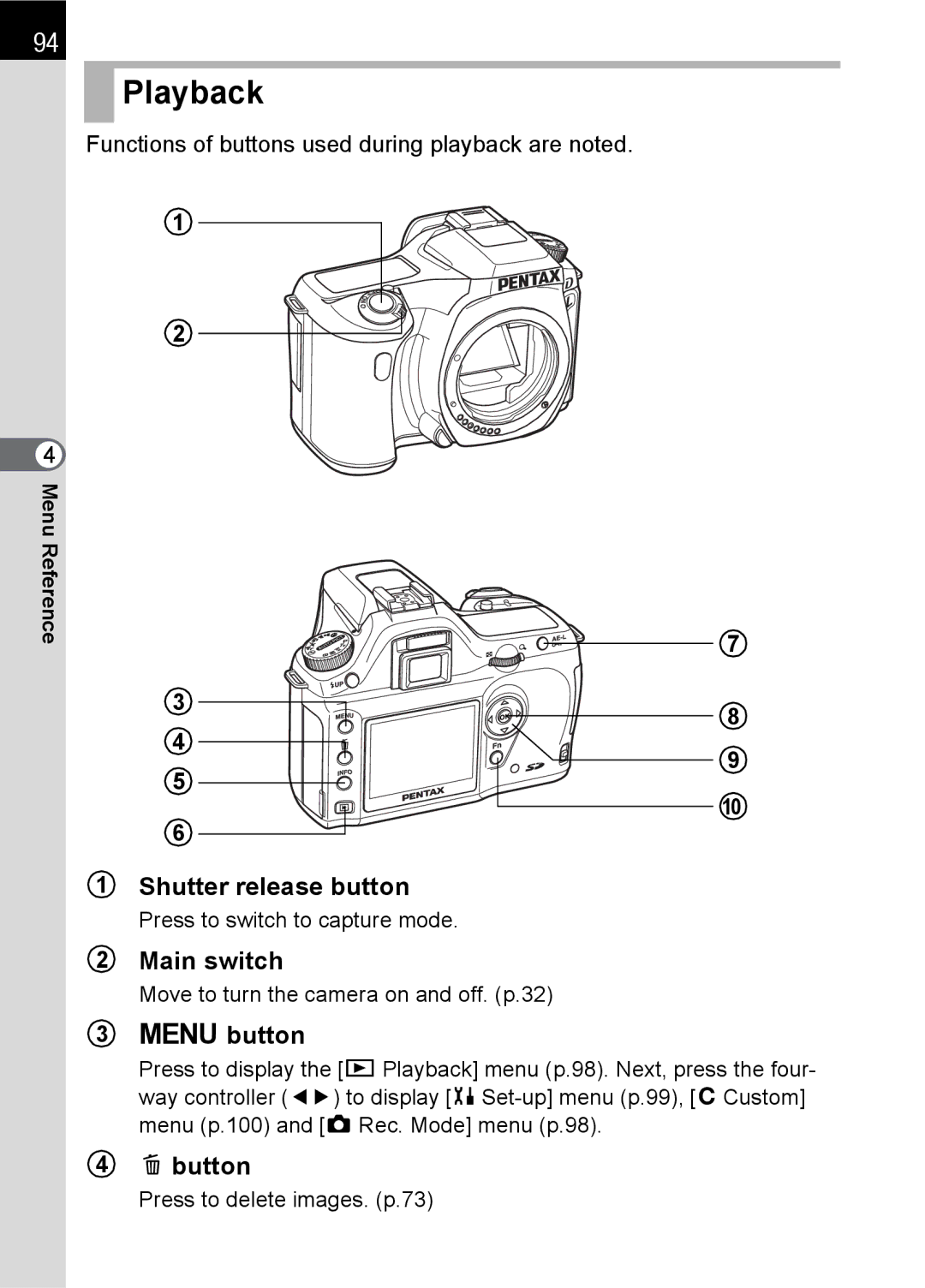 Pentax L specifications Playback, Functions of buttons used during playback are noted, Press to switch to capture mode 