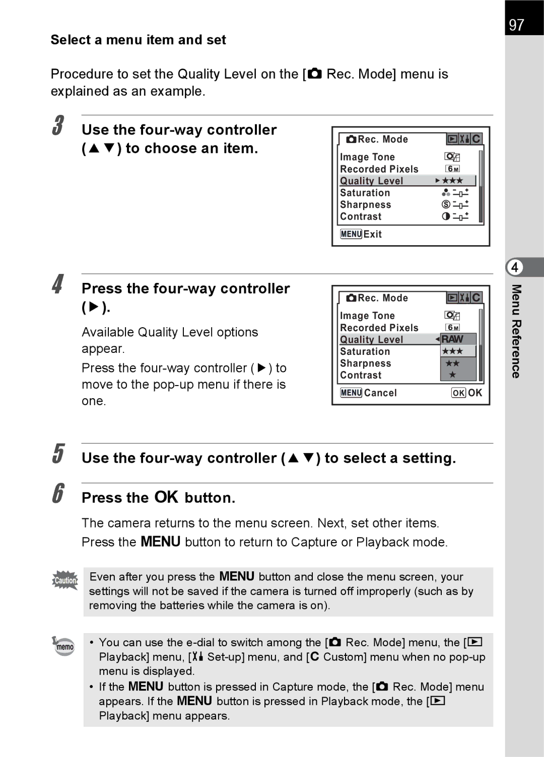 Pentax L specifications Select a menu item and set 