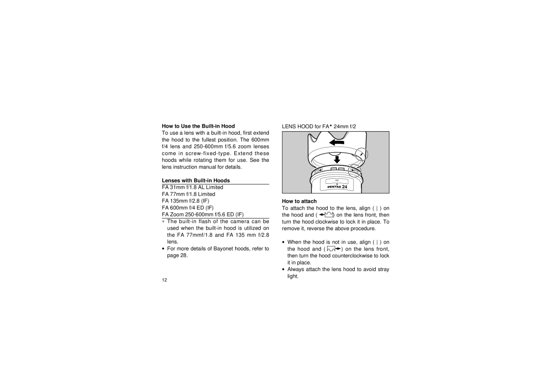 Pentax manual How to Use the Built-in Hood Lenses with Built-in Hoods, How to attach 