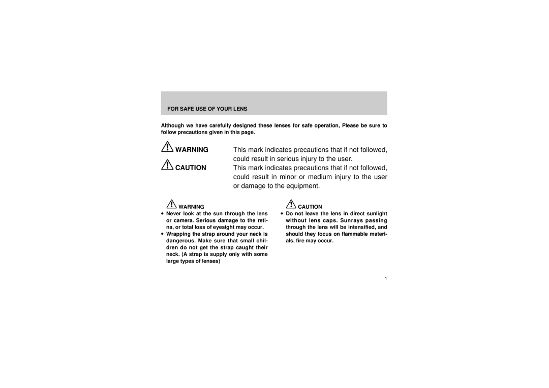 Pentax manual Or damage to the equipment, For Safe USE of Your Lens 