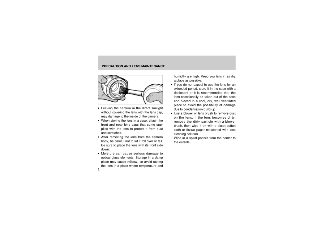 Pentax manual Precaution and Lens Maintenance 