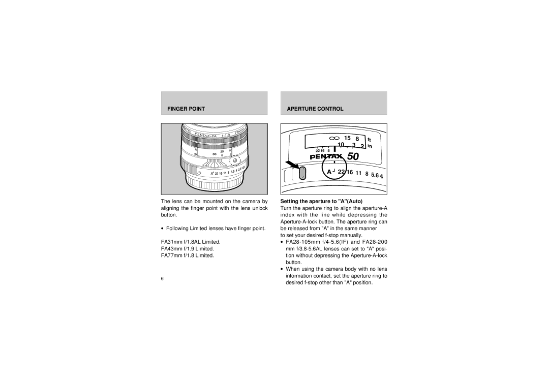 Pentax Lens manual Finger Point, Aperture Control, Setting the aperture to AAuto 