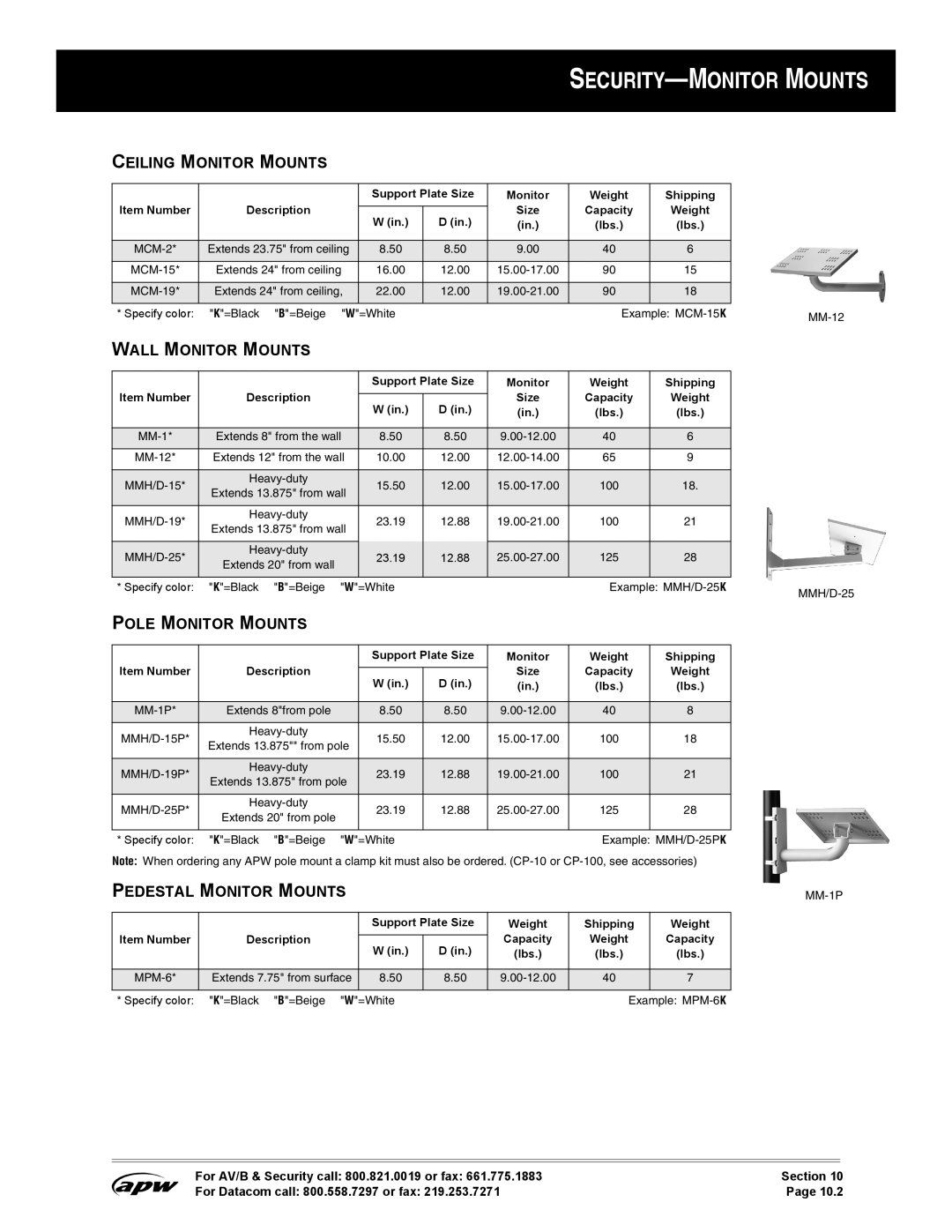 Pentax MCM-2 manual SECURITY-MONITOR Mounts, Ceiling Monitor Mounts, Wall Monitor Mounts, Pole Monitor Mounts 