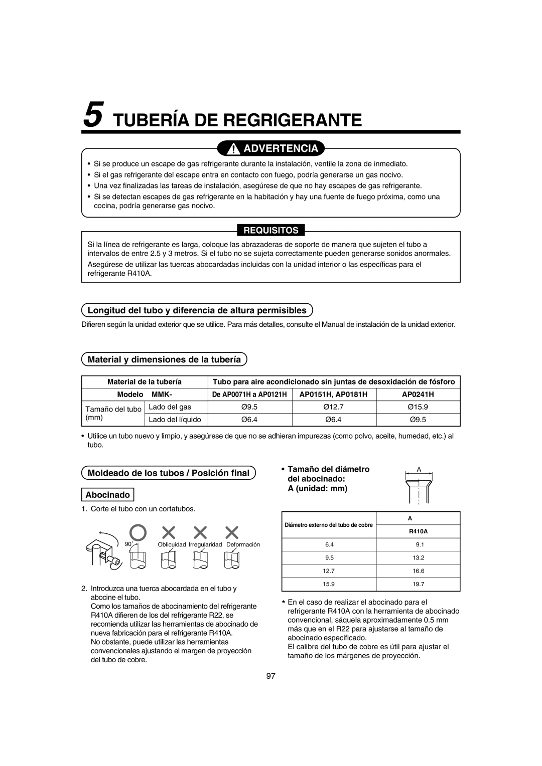 Pentax MMK-AP0181H, MMK-AP0121H, MMK-AP0071H Tubería DE Regrigerante, Longitud del tubo y diferencia de altura permisibles 