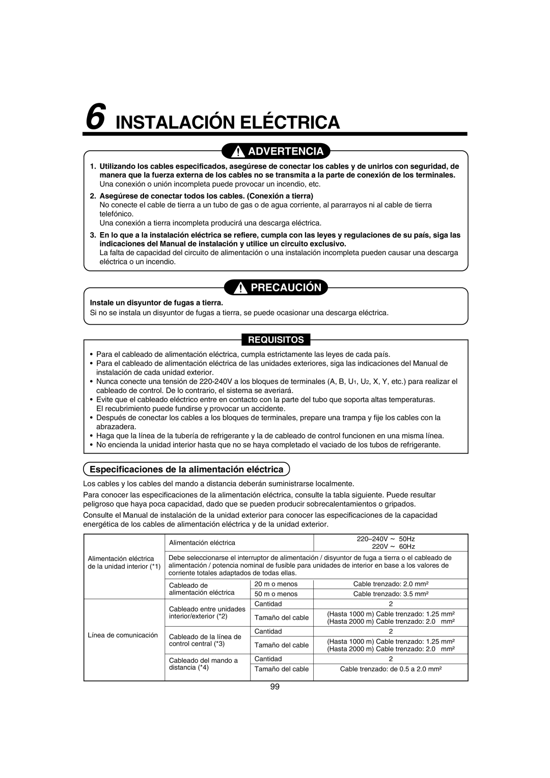 Pentax MMK-AP0121H, MMK-AP0181H, MMK-AP0071H Instalación Eléctrica, Especificaciones de la alimentación eléctrica 