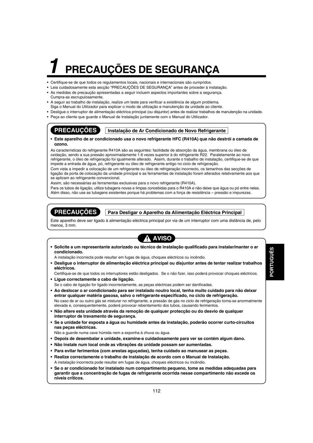 Pentax MMK-AP0181H, MMK-AP0121H Precauções DE Segurança, Aviso, Instalação de Ar Condicionado de Novo Refrigerante 