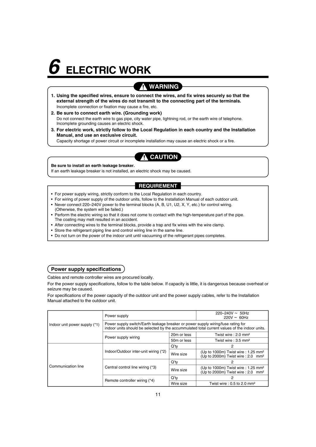 Pentax MMK-AP0071H, MMK-AP0121H Electric Work, Power supply specifications, Be sure to install an earth leakage breaker 