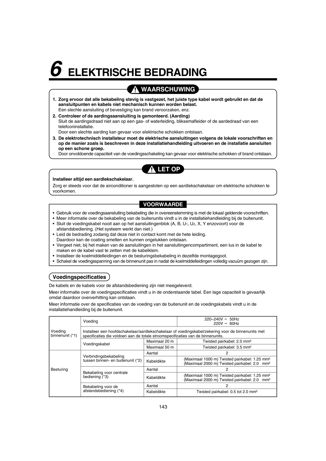 Pentax MMK-AP0071H, MMK-AP0121H Elektrische Bedrading, Voedingspecificaties, Installeer altijd een aardlekschakelaar 