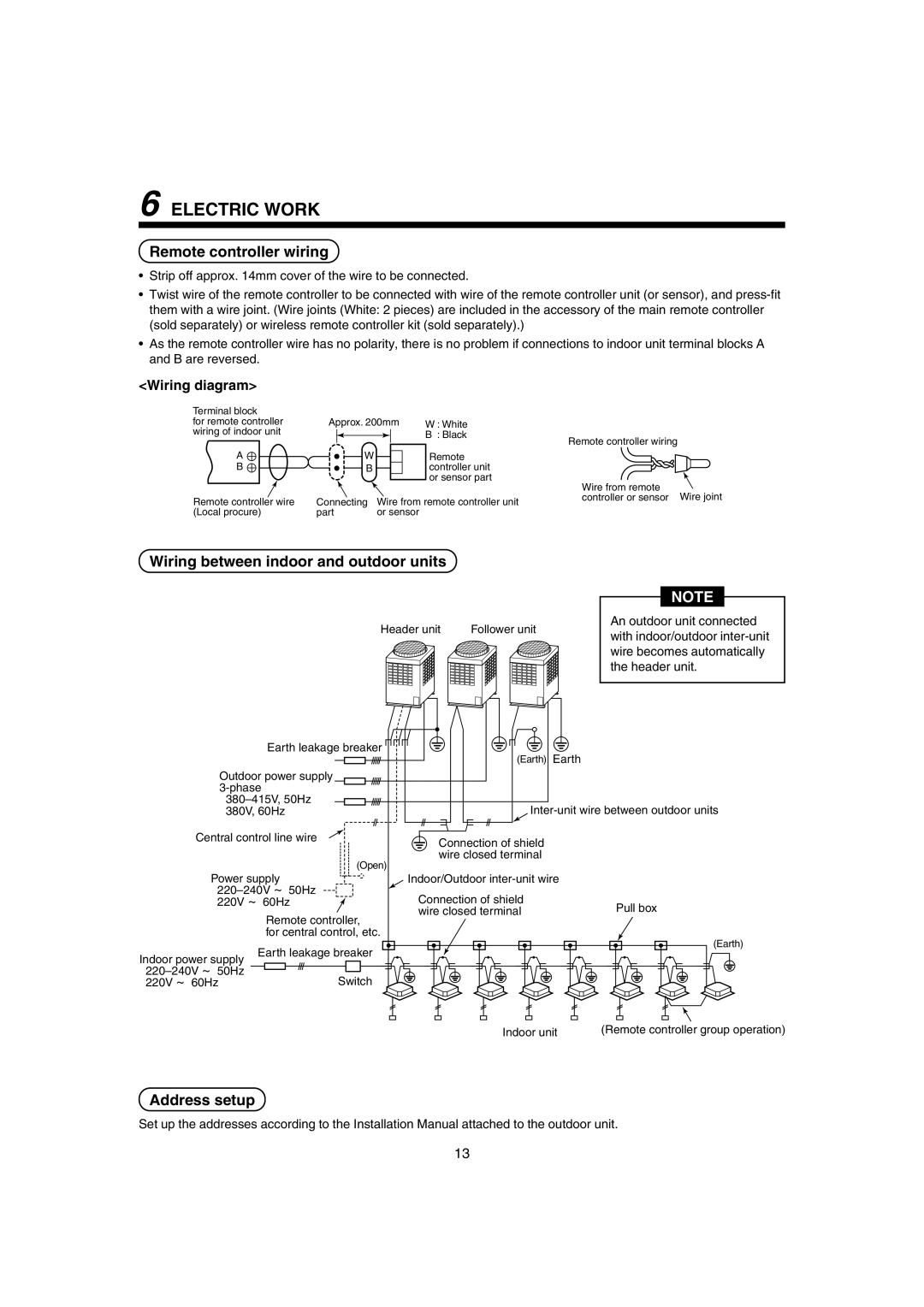 Pentax MMK-AP0181H Electric Work, Remote controller wiring, Wiring between indoor and outdoor units, Address setup 