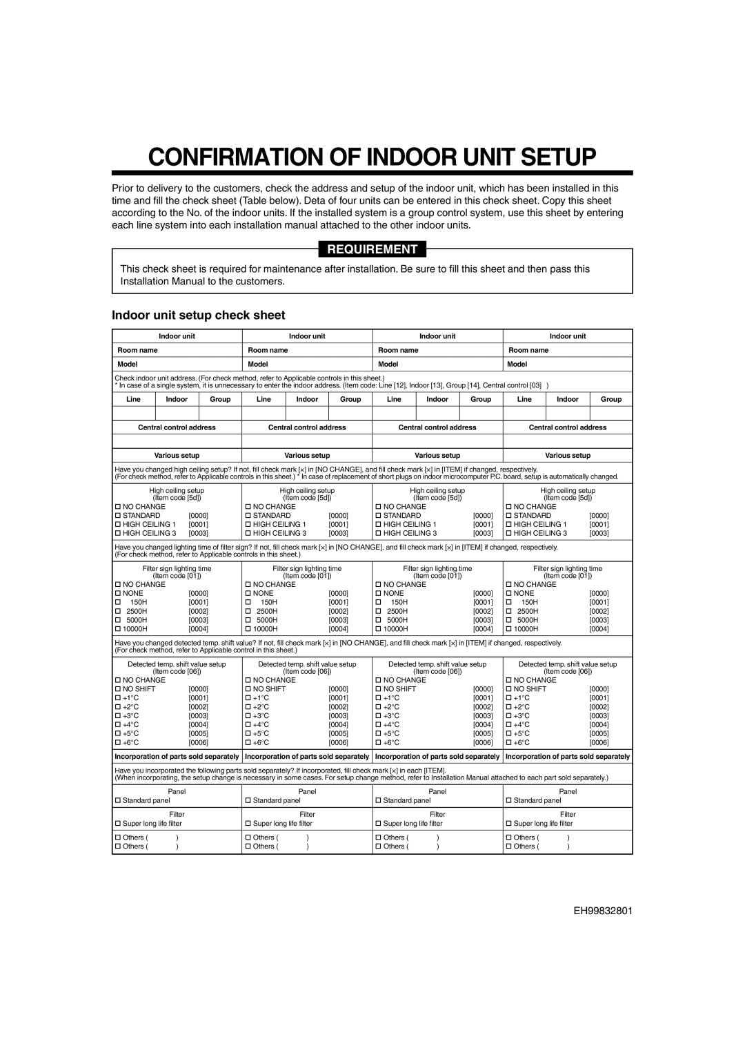 Pentax MMK-AP0181H, MMK-AP0121H, MMK-AP0071H Confirmation of Indoor Unit Setup, Indoor unit setup check sheet 