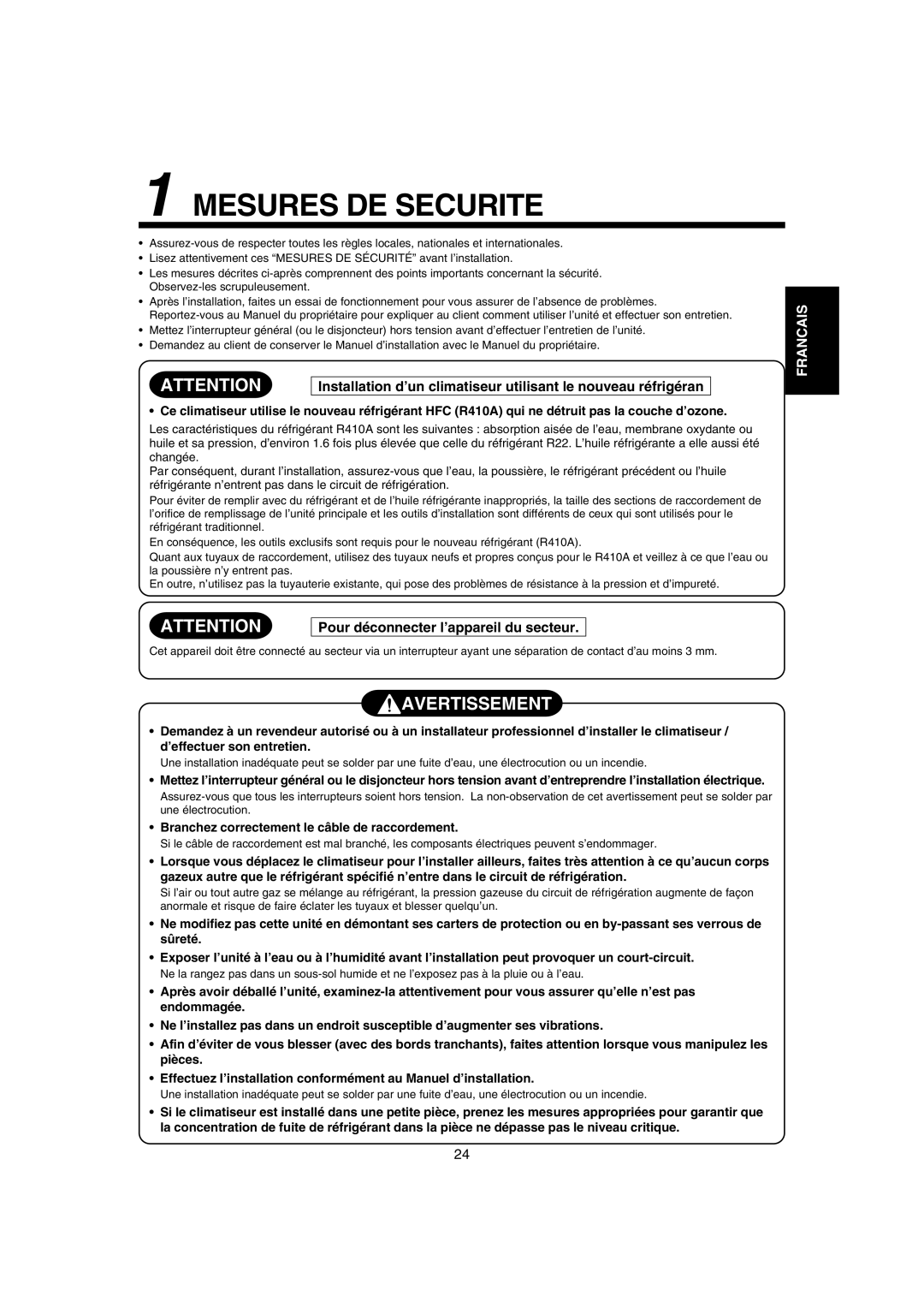 Pentax MMK-AP0121H, MMK-AP0181H, MMK-AP0071H Mesures DE Securite, Avertissement, Pour déconnecter l’appareil du secteur 