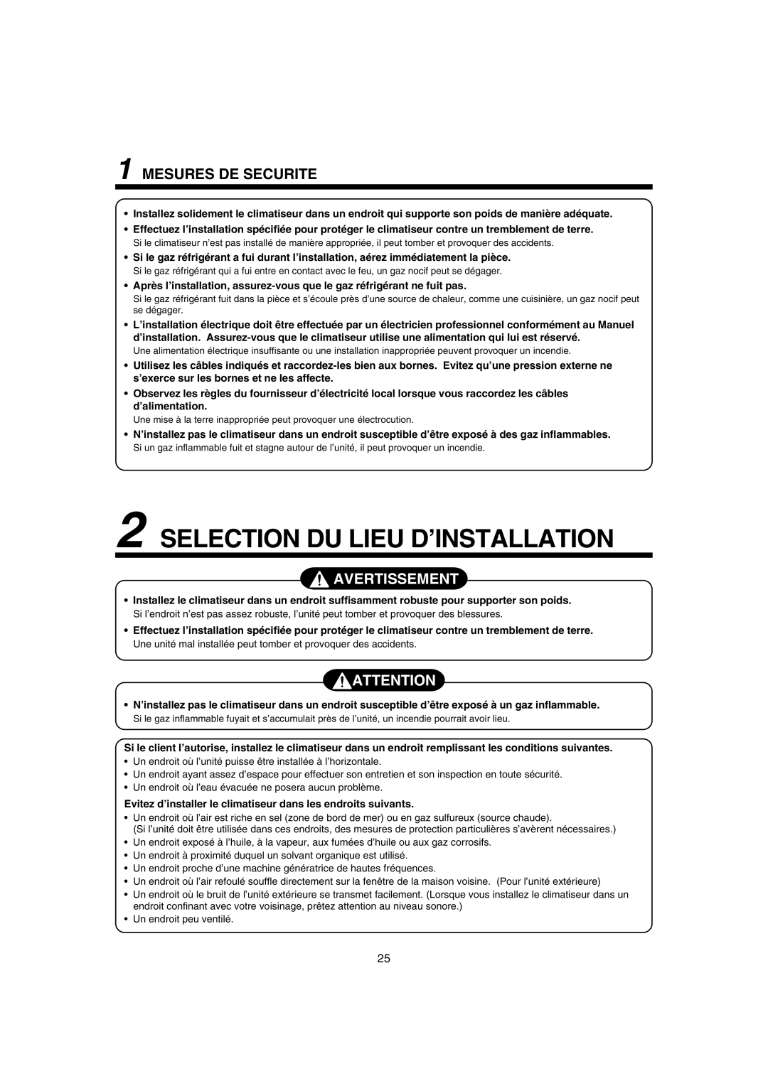 Pentax MMK-AP0181H, MMK-AP0121H, MMK-AP0071H installation manual Selection DU Lieu D’INSTALLATION, Mesures DE Securite 