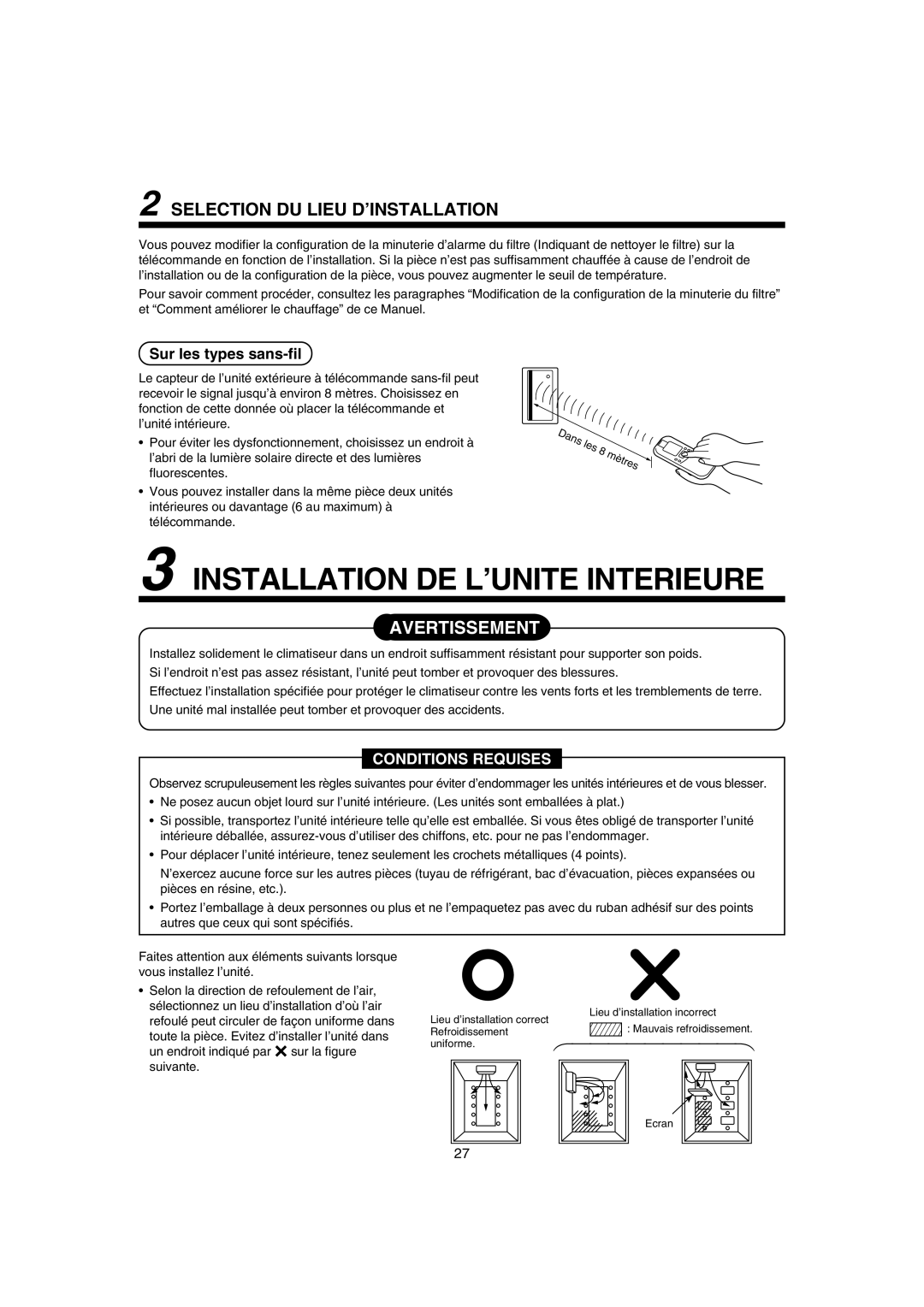 Pentax MMK-AP0121H Installation DE L’UNITE Interieure, Selection DU Lieu D’INSTALLATION, Sur les types sans-fil 