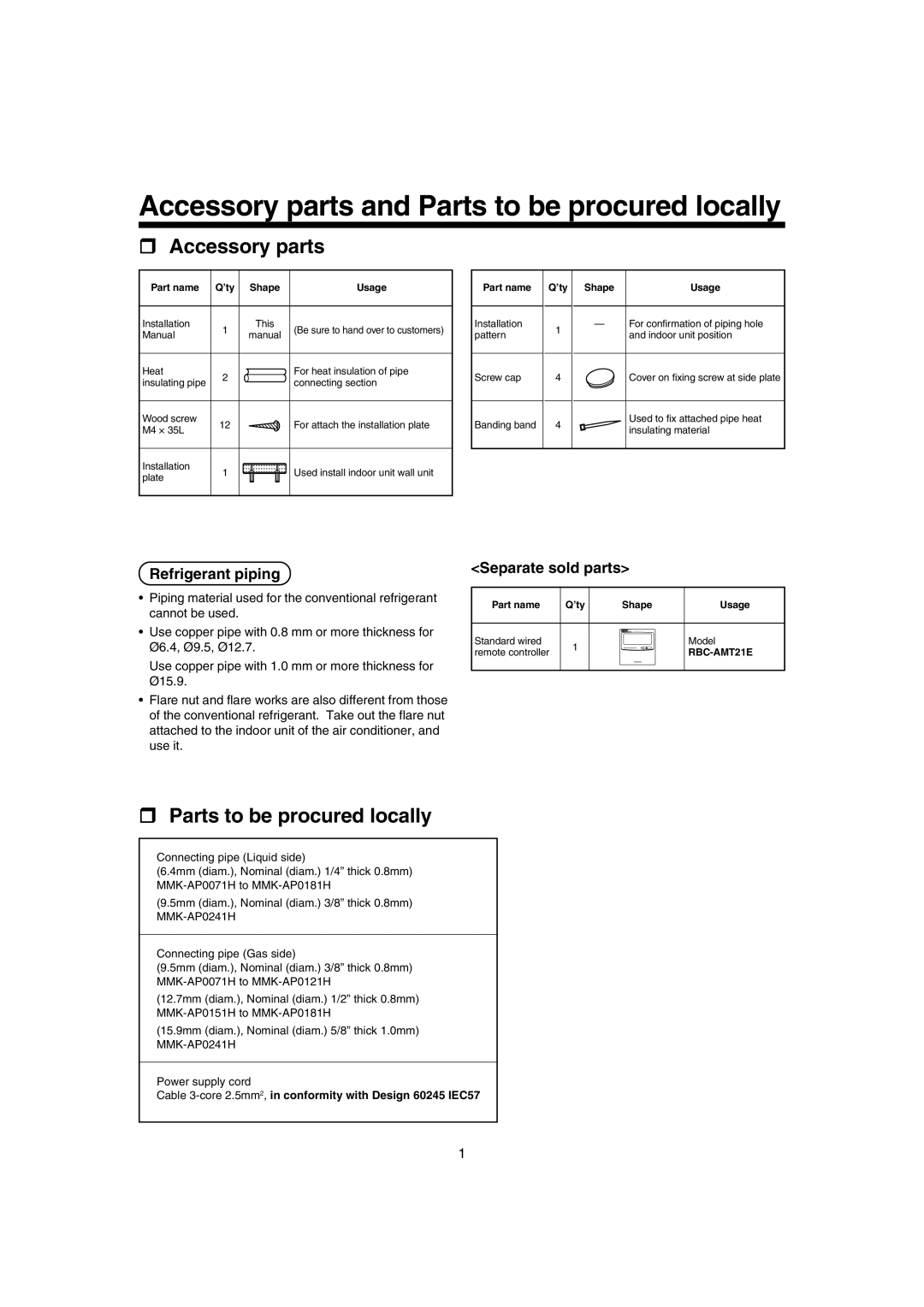 Pentax MMK-AP0181H Refrigerant piping, Separate sold parts, Cable 3-core 2.5mm2, in conformity with Design 60245 IEC57 