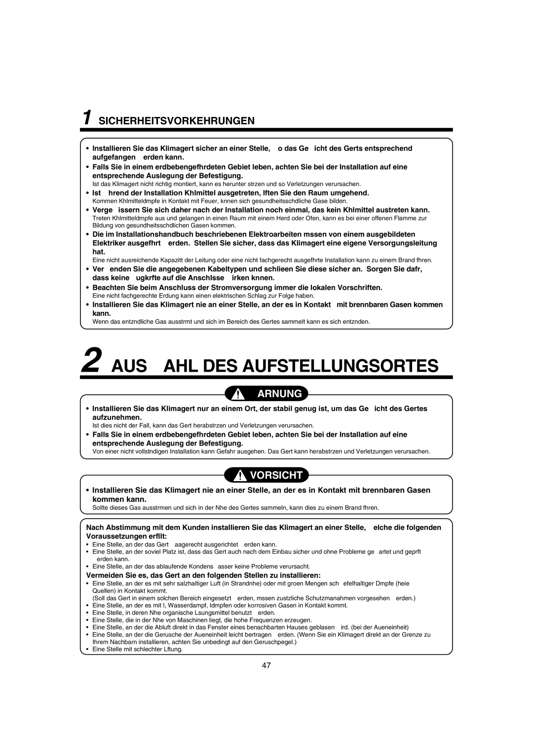 Pentax MMK-AP0071H, MMK-AP0121H, MMK-AP0181H Auswahl DES Aufstellungsortes, Sicherheitsvorkehrungen, Vorsicht 