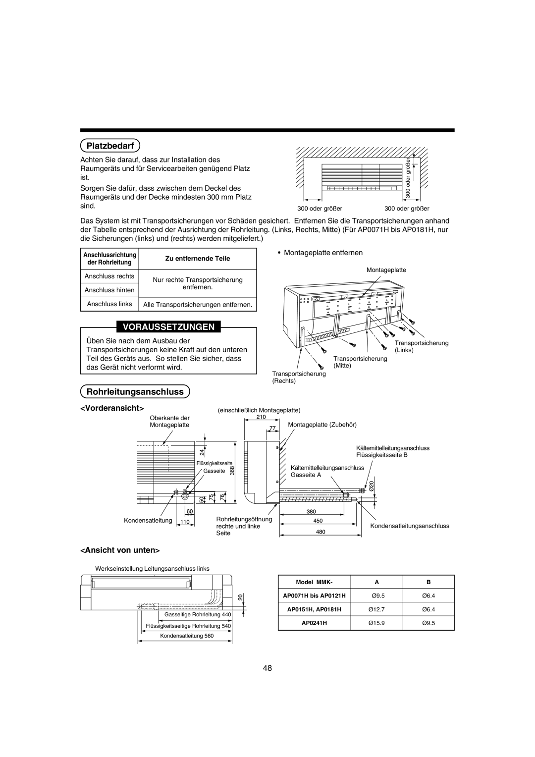 Pentax MMK-AP0121H, MMK-AP0181H Platzbedarf, Rohrleitungsanschluss, Vorderansicht, Ansicht von unten, Zu entfernende Teile 