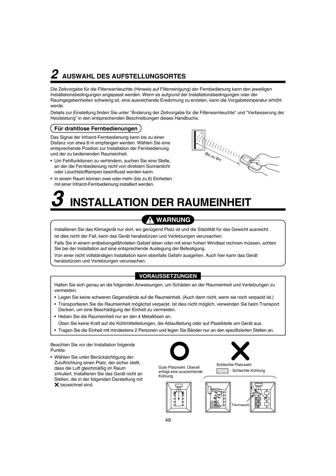 Pentax MMK-AP0181H, MMK-AP0121H Installation DER Raumeinheit, Auswahl DES Aufstellungsortes, Für drahtlose Fernbedienungen 