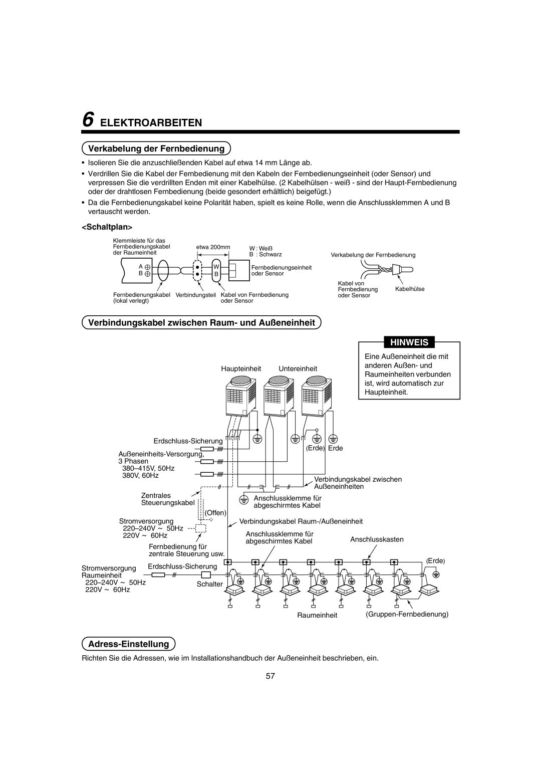 Pentax MMK-AP0121H Elektroarbeiten, Verkabelung der Fernbedienung, Verbindungskabel zwischen Raum- und Außeneinheit 