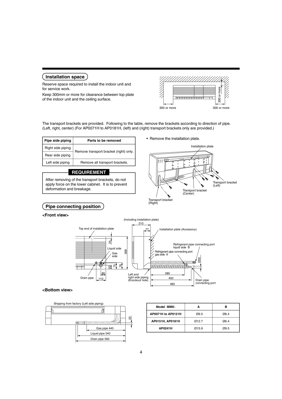 Pentax MMK-AP0181H, MMK-AP0121H, MMK-AP0071H Installation space, Pipe connecting position, Front view, Bottom view 