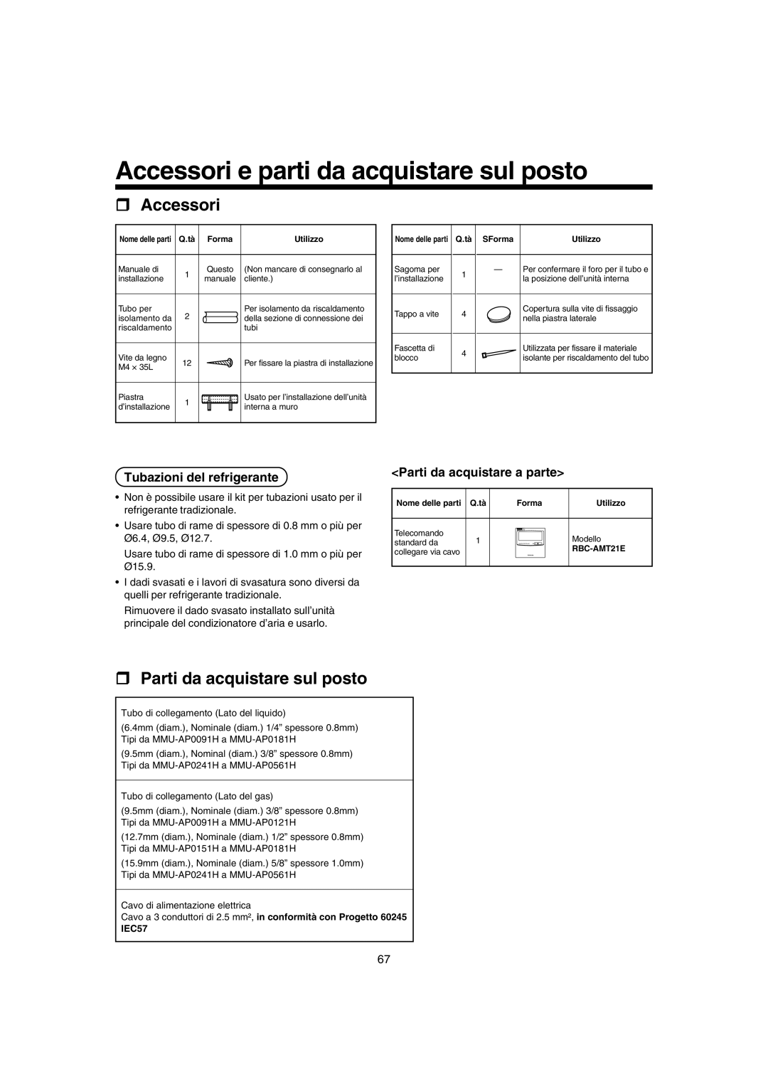 Pentax MMK-AP0181H, MMK-AP0121H, MMK-AP0071H Tubazioni del refrigerante, Parti da acquistare a parte, Utilizzo, SForma 