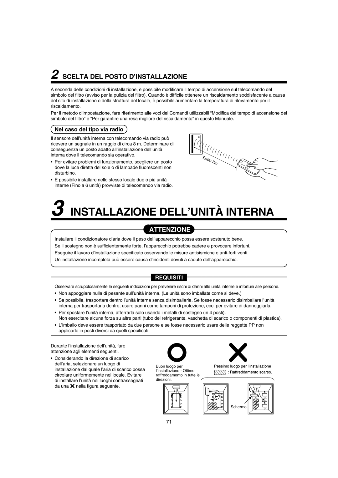 Pentax MMK-AP0071H Installazione DELL’UNITÀ Interna, Scelta DEL Posto D’INSTALLAZIONE, Nel caso del tipo via radio 