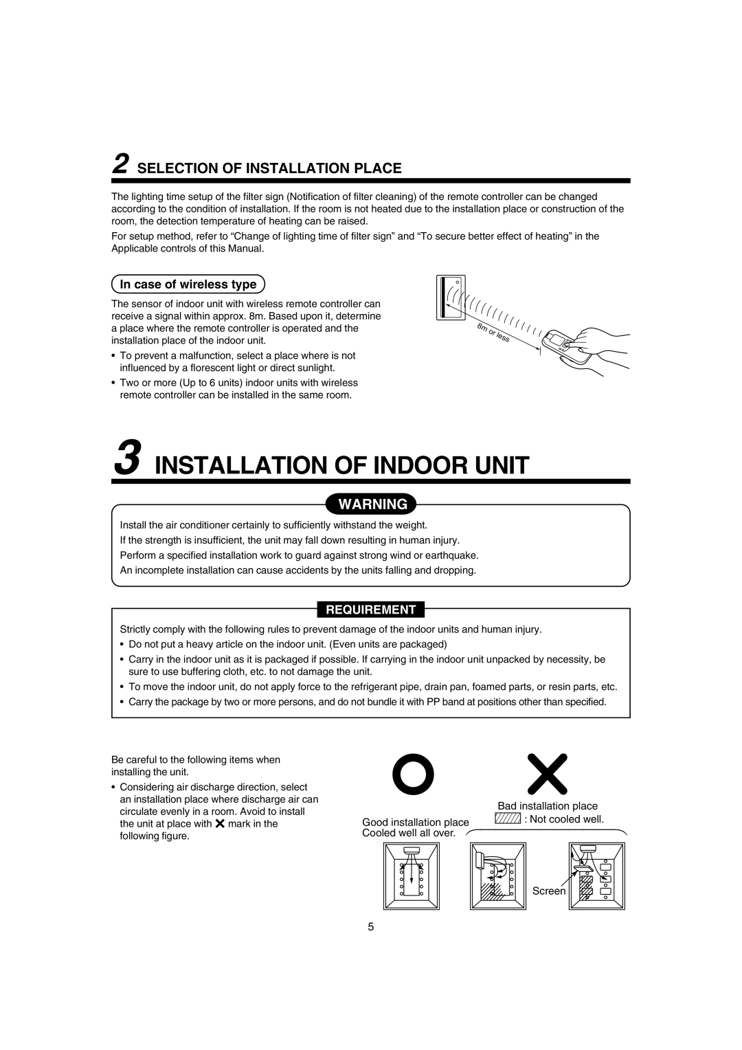 Pentax MMK-AP0071H, MMK-AP0121H Installation of Indoor Unit, Selection of Installation Place, Case of wireless type 