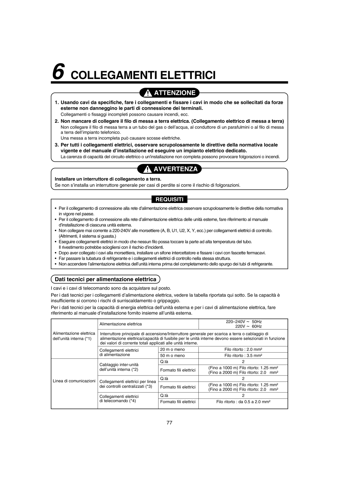 Pentax MMK-AP0071H, MMK-AP0121H, MMK-AP0181H Collegamenti Elettrici, Dati tecnici per alimentazione elettrica 