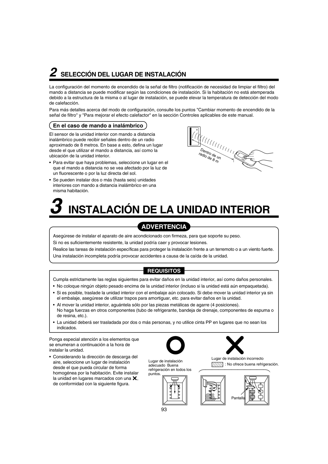 Pentax MMK-AP0121H, MMK-AP0181H, MMK-AP0071H Instalación DE LA Unidad Interior, Selección DEL Lugar DE Instalación 