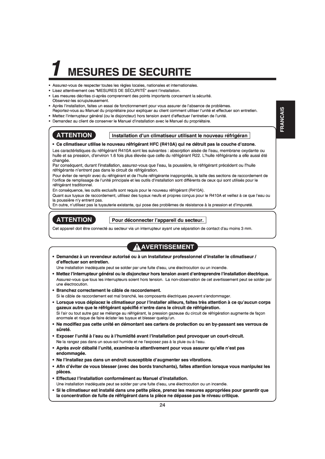 Pentax MMK-AP0121H, MMK-AP0181H, MMK-AP0071H installation manual Mesures De Securite, Avertissement, Francais 